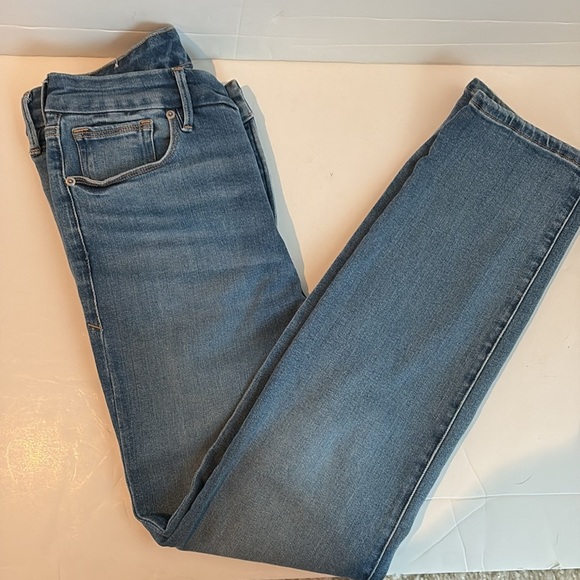 Good American crossover waist asymmetrical waist straight leg indigo blue jeans - Picture 11 of 16